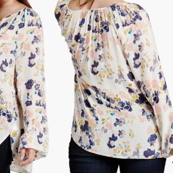 Lucky Brand White & Multicolor Floral-Print Peasant Tie Neck Crepe Blouse - Picture 14 of 16